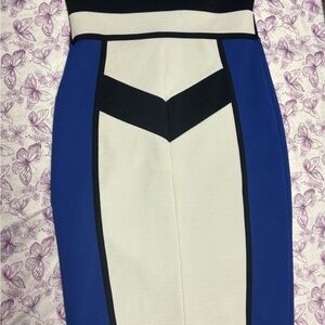 Elegant Strapless Black, Blue, and White Dress